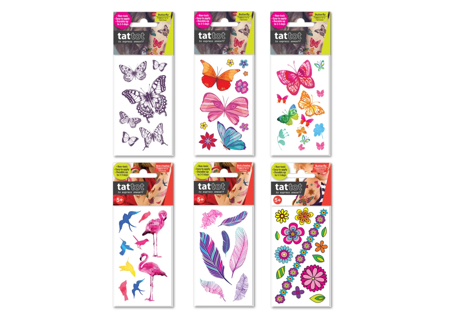 Tattot Temporary Tattoo Set Of 6 Butterfly & Flower