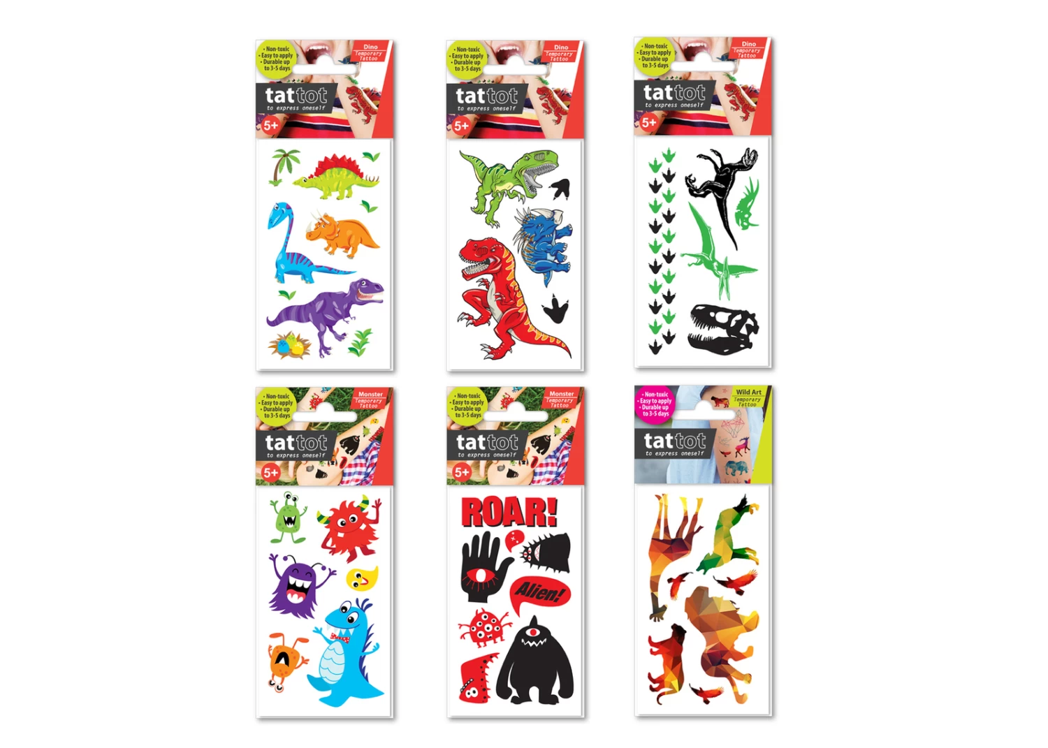 Tattot Temporary Tattoo Set Of 6 Dinosaur & Monster